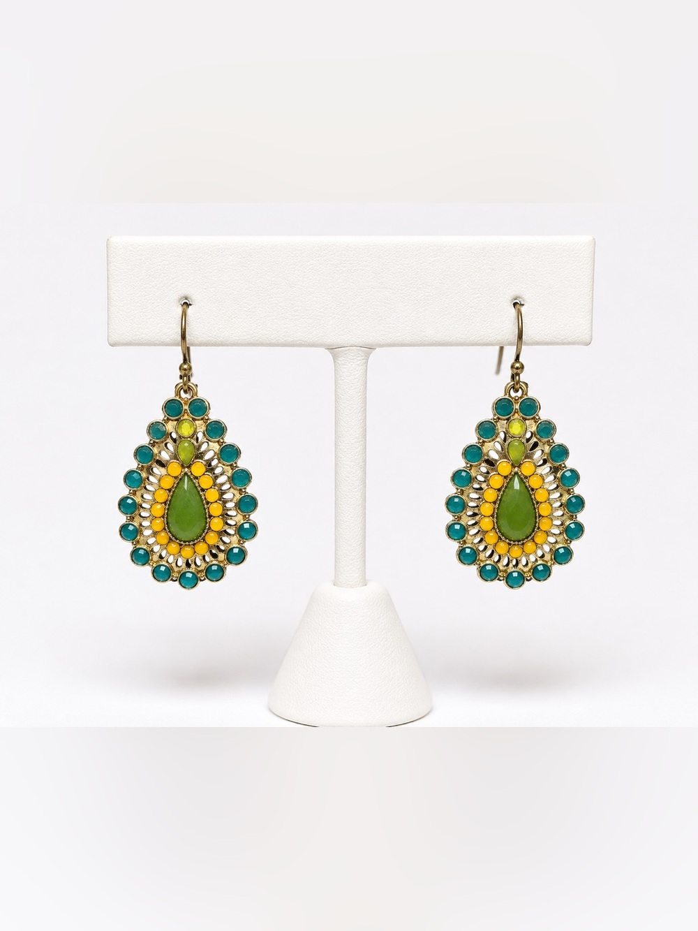 Vintage Boho Teardrop Dangle Earrings Green Yellow Blue Gold Tone Statement
